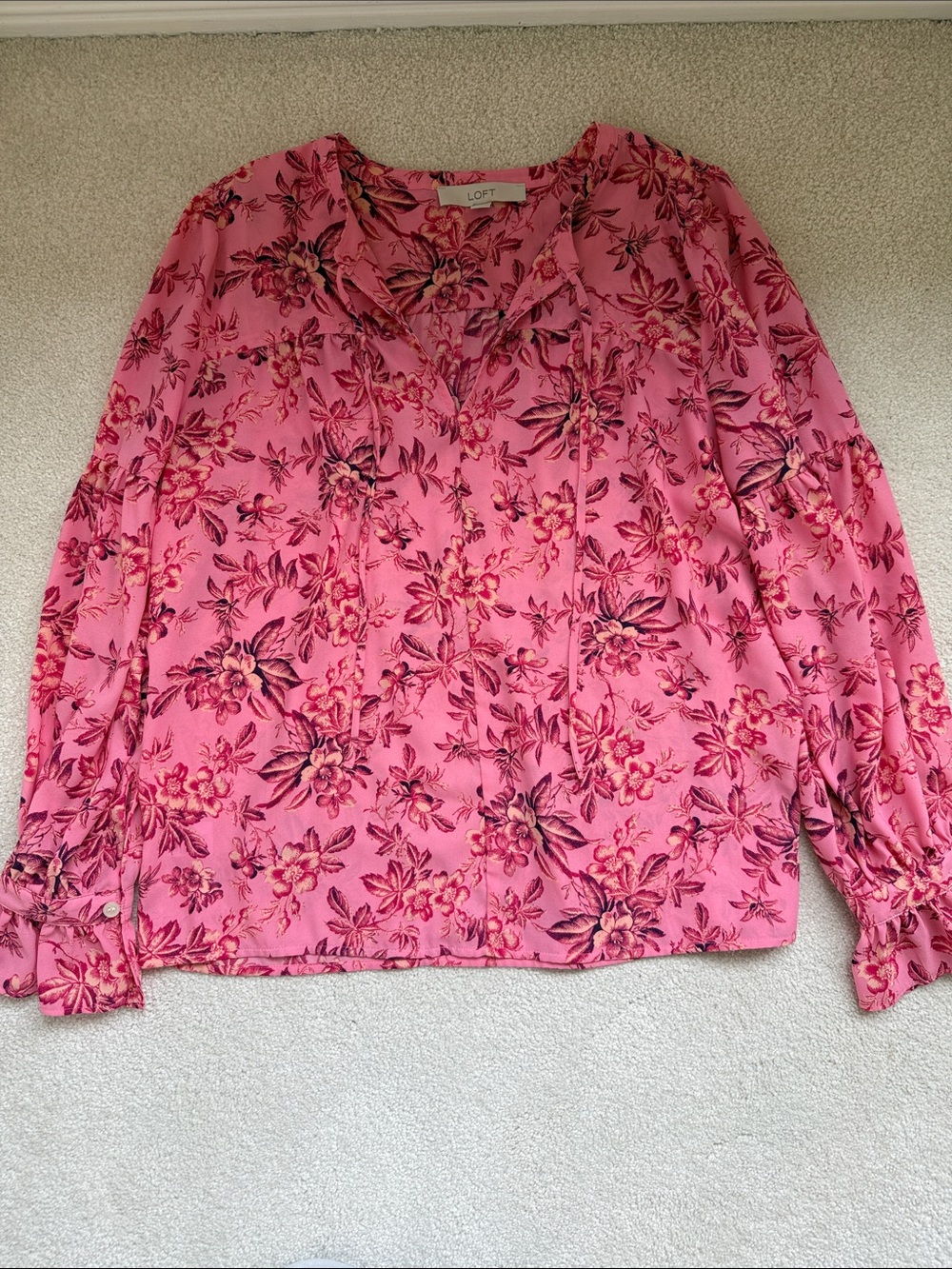 LOFT Rose Pink Floral Tie-Detail Blouse